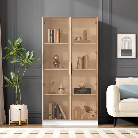 Sweiko Vitrine en verre Witte avec éclairage LED 16 couleurs, Vitrine à étagère mobile à double porte, 80 * 40 * 160 cm, armoire haute de salon, vitrine verticale, armoire de salle de bain