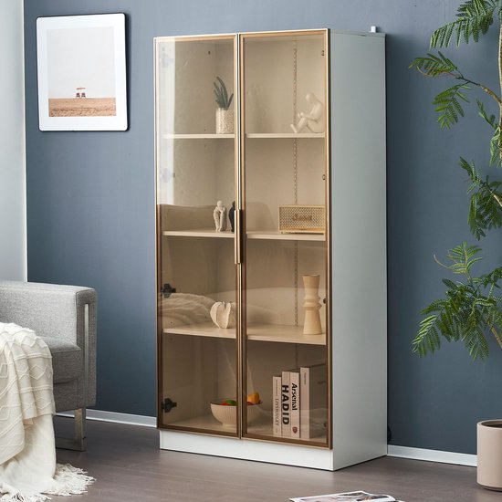Sweiko Vitrine en verre Witte avec éclairage LED 16 couleurs, Vitrine à étagère mobile à double porte, 80 * 40 * 160 cm, armoire haute de salon, vitrine verticale, armoire de salle de bain