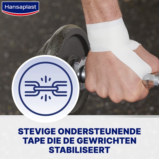 Sterke, ondersteunende tape die de gewrichten stabiliseert, hier zichtbaar om een pols.