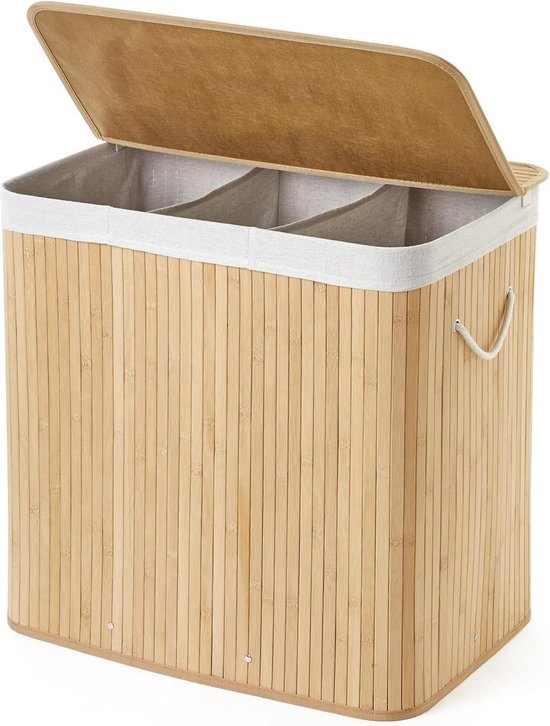 Bamboe Wasmand met Deksel en 3 Vakken - 150 Liter