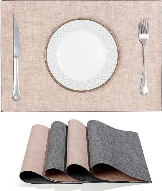 Lot de 4 sets de table rectangulaires en cuir PU double face waterproof et résistants à la chaleur - sets de table simple en amande noire - pour table à manger de cuisine - 43 cm x 30 cm