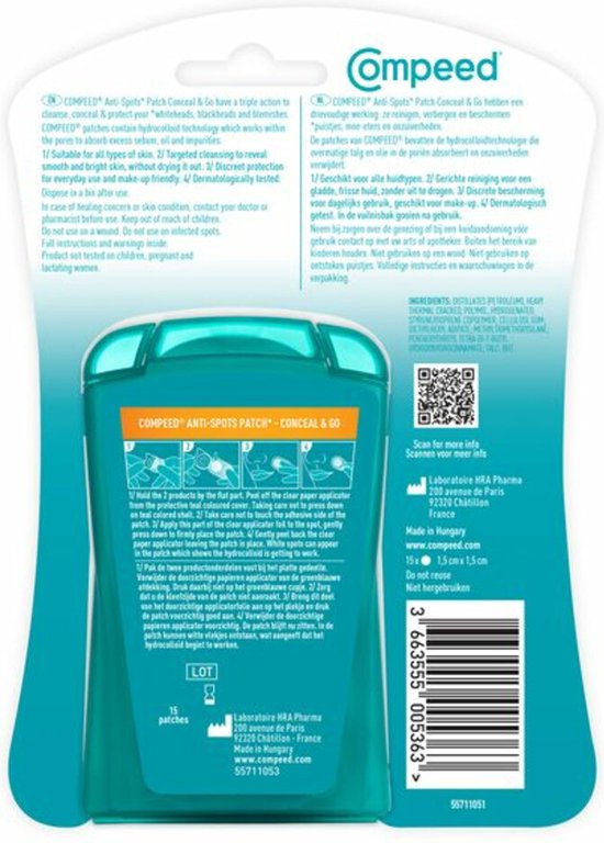 Achterkant Compeed Anti-Spots Patch verpakking met gedetailleerde uitleg over gebruik en ingrediënten.