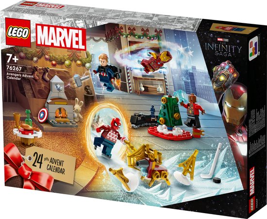 Doos van LEGO Marvel Avengers adventskalender met kersttaferelen, Iron Man en de Infinity Gauntlet.