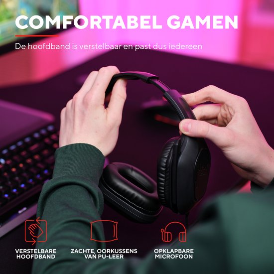 Zwarte gaming headset met verstelbare hoofdband en zachte oorkussens.