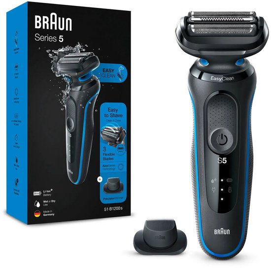 Braun Series 5 51-B1200s Scheerapparaat voor heren met EasyClick precisietrimmer, EasyClean, nat en droog, oplaadbaar, draadloos elektrisch scheerapparaat met snijbladen, blauw
