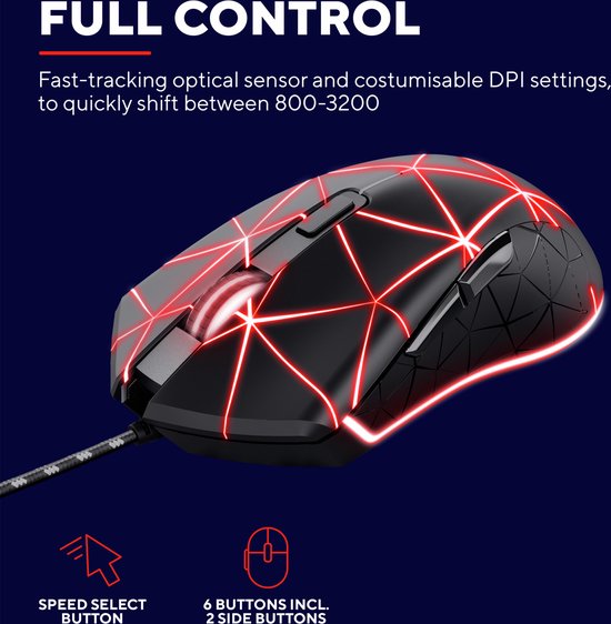 Zwarte gamingmuis met rode LED-lijnen, geometrisch patroon en tekst 'FULL CONTROL'.