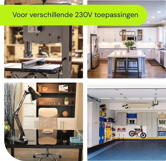 Collage van toepassingen: werkplaats met lintzaag, moderne keuken, kantoor met bureaulamp, en garage met fietsen.