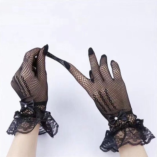 Zwarte netkousen handschoenen met kanten rand, strik en strass steentjes.