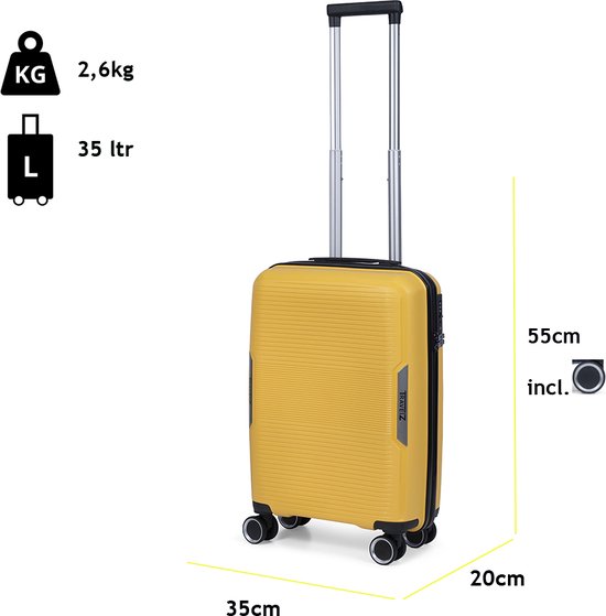 Gele koffer met wieltjes, handvat en afmetingen: 55x35x20cm, 2,6kg, 35ltr.