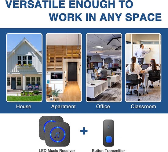 Draadloze Deurbel - Waterdichte - 400 m Bereik - Draadloze Bel Voor Buiten - met 2 plug-in-ontvangers en 1 Zender - Werkt op 55 melodieën - 5 Volumes - LED-flitser Deurbel - Zwart — afbeelding 4