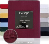 iSleep Dubbel Gebreide Jersey Hoeslaken - Hoge Hoek - Rondom Elastiek - Tweepersoons - 130/140x200 cm - Bordeaux