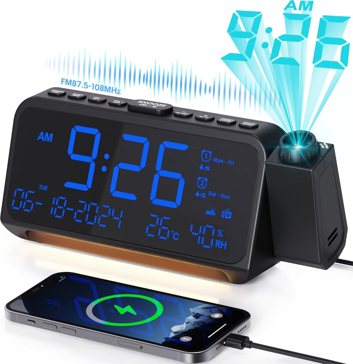 Solacis Wekkerradio Met Projectie - Wekkerradio - Digitale wekker - Wekkerradio kinderen - Wekker met projectie op plafond - Must have!