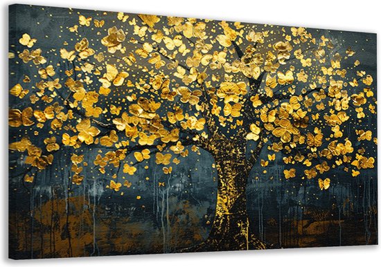 Abstract schilderij van een boom met gouden bladeren en vlinders op een donkerblauwe achtergrond.