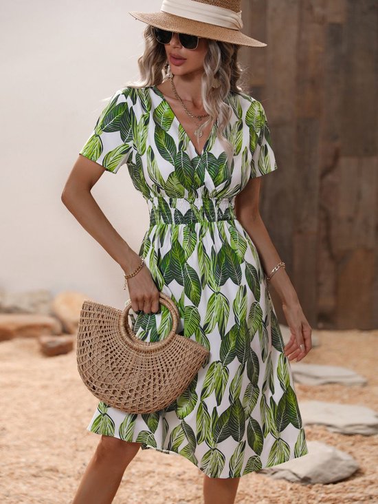 Zomerjurk met korte mouwen en V hals met bloemenprint bol