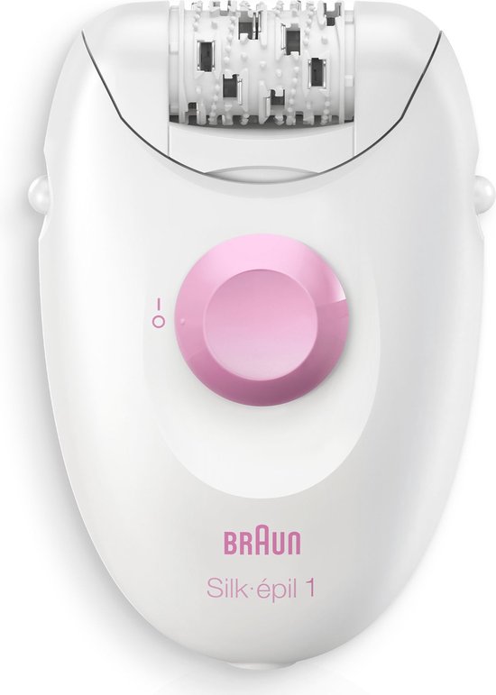 Witte Braun Silk-épil 1 epilator met roze draaiknop en opzetstuk.