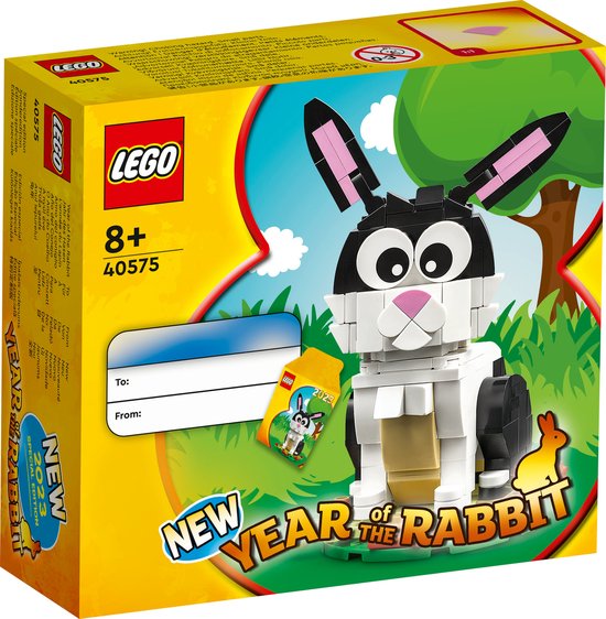 La boîte LEGO "Année du Lapin" avec un lapin LEGO noir et blanc, le texte "NEW YEAR of the RABBIT" et un arbre.