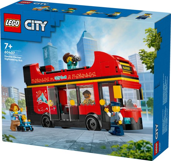 Doos van LEGO City dubbeldekker bus. De voorkant toont de rode bus met "City Tour" op de zijkant, met minifiguren.