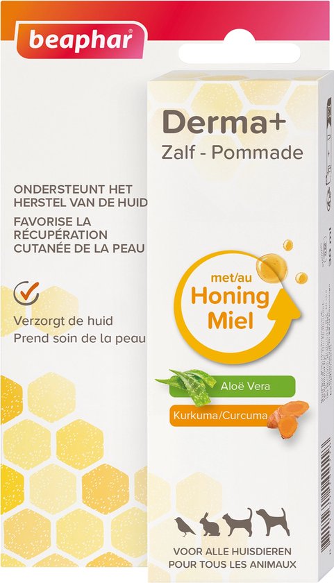 Beaphar Derma+ zalf voor dieren, met honing, aloë vera en kurkuma. Witte verpakking met gele honingraatprint.