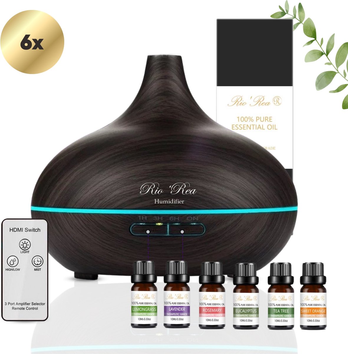 Goedkoopste Rio'Rea Aroma diffuser - Afstandsbediening - 550ML Inclusief 6x Etherische olie set - Geurverspreider - Geurdiffuser - Luchtbevochtiger - Aromadiffusers - Geurverspreider - Huisparfum