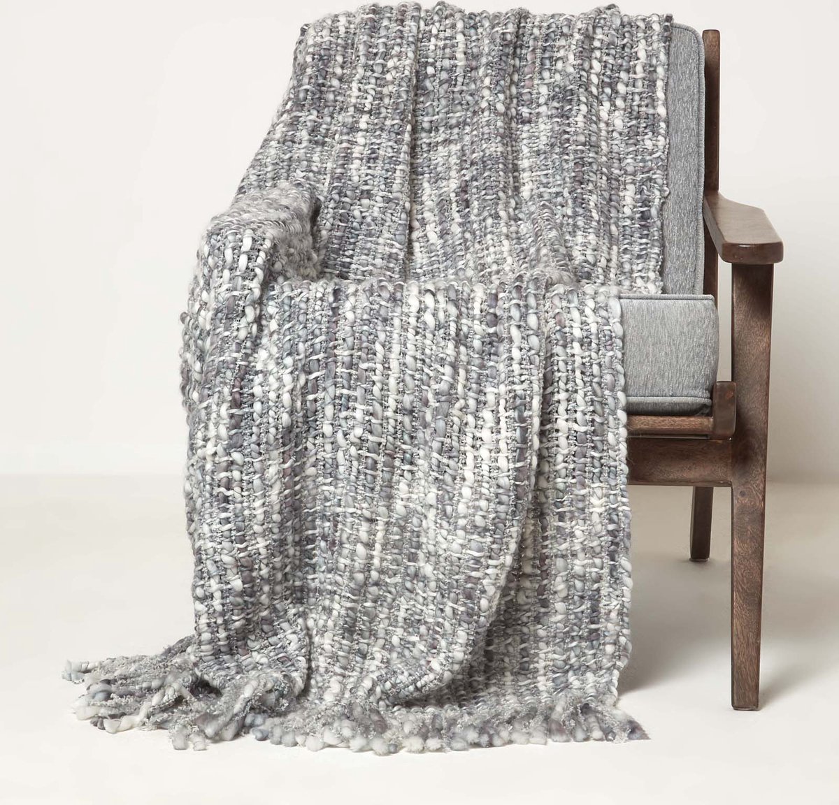 Homescapes Ophelia plaid / deken 125 x 150 cm - plaid met franjes, grijs gemêleerd