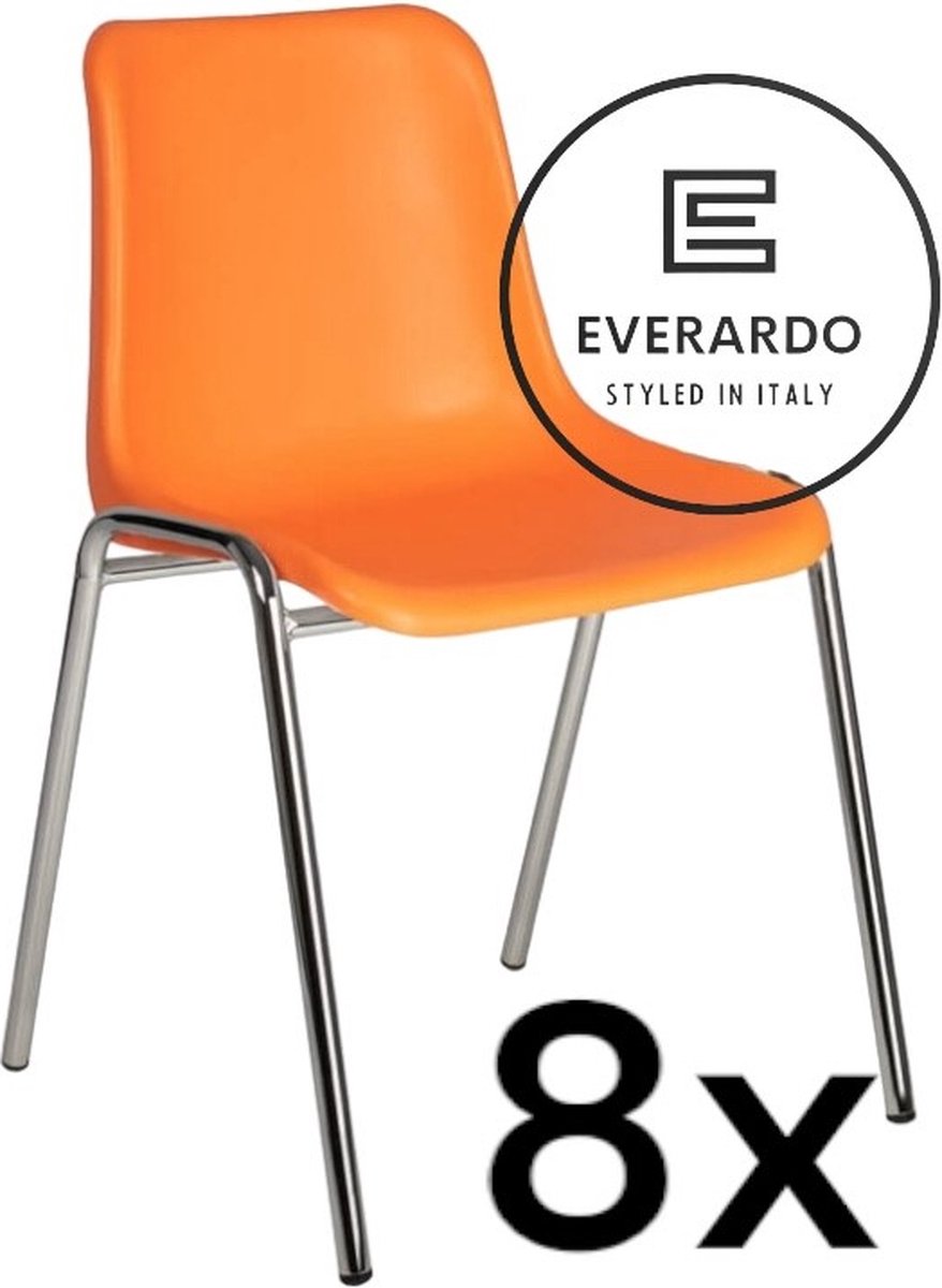King of Chairs set van 8- model KoC Everardo oranje met verchroomd onderstel. Kantinestoel stapelstoel kuipstoel vergaderstoel tuinstoel kantine stoel stapel kantinestoelen stapelstoelen kuipstoelen stapelbare keukenstoel Helene eetkamerstoel Oranje zitting met verchroomd onderstel
