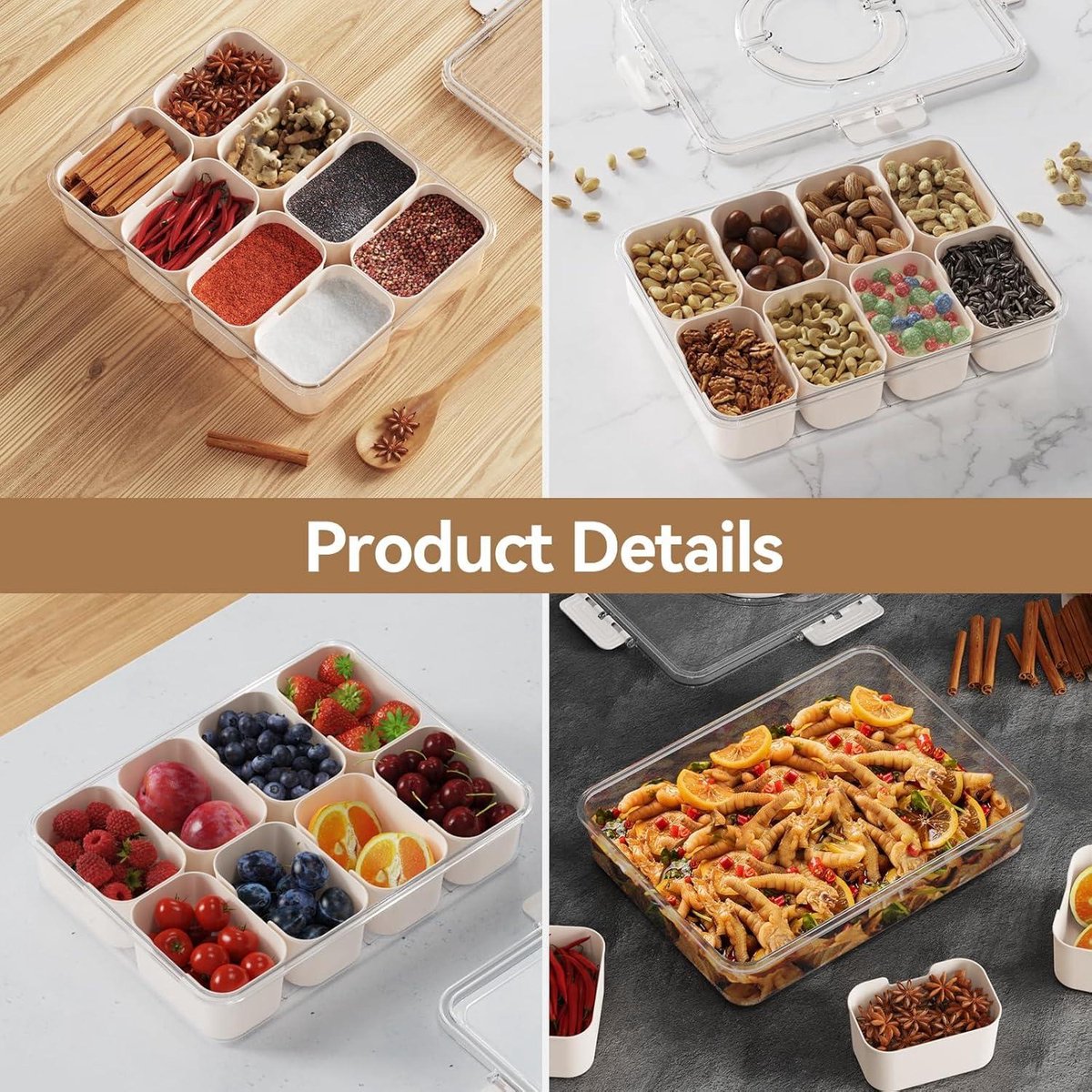 Rangement Collations Boîte à Goûter 6 Compartiments Avec Couvercle - Rangement Snacks, Noix, Bonbons, 25x25cm, Plastique Plateau Repas Multi- Compartiments