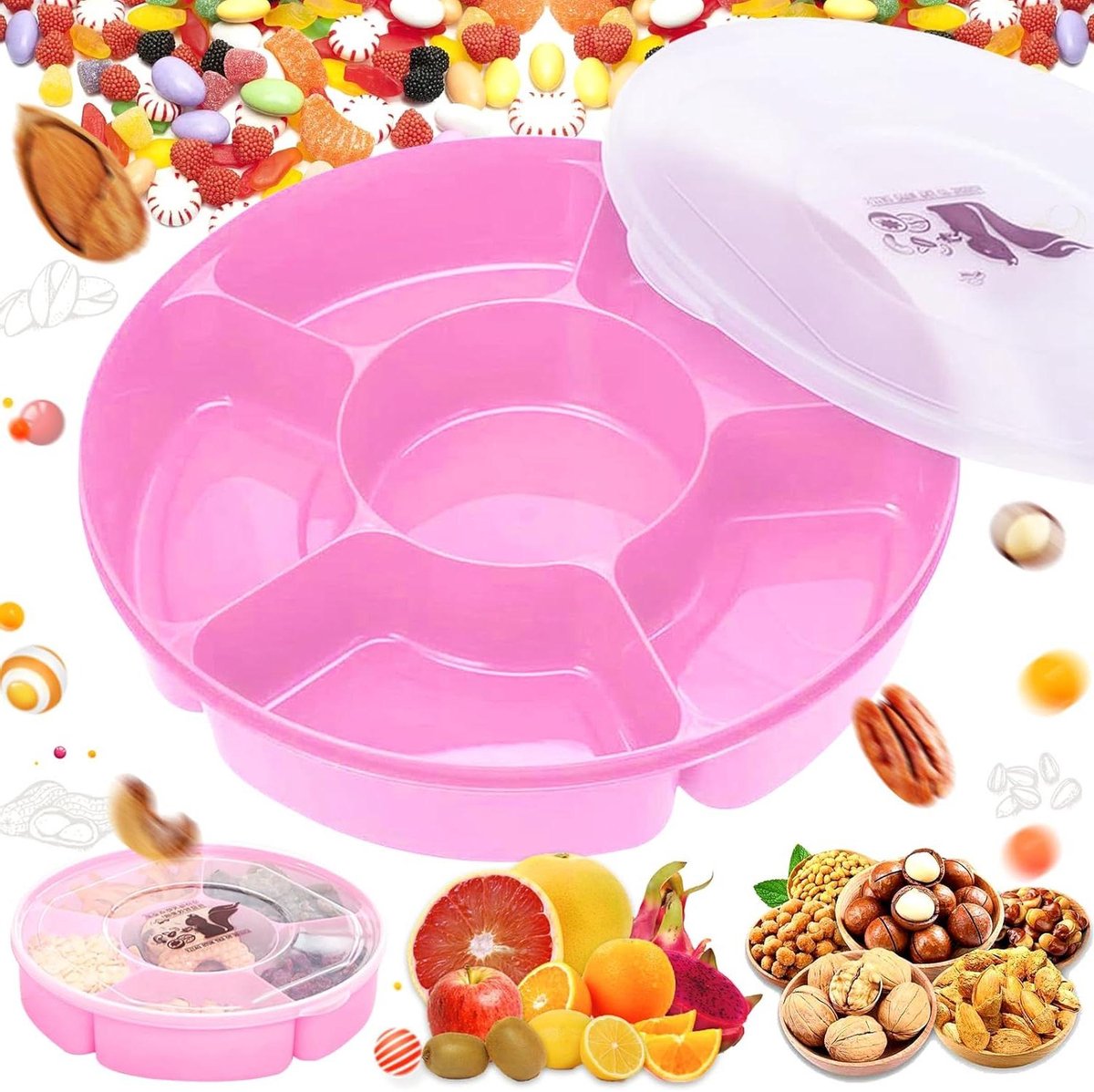 Notenschaal Snackbakje met Deksel voor Noten Snoep Gedroogd Fruit Snacks - Roze