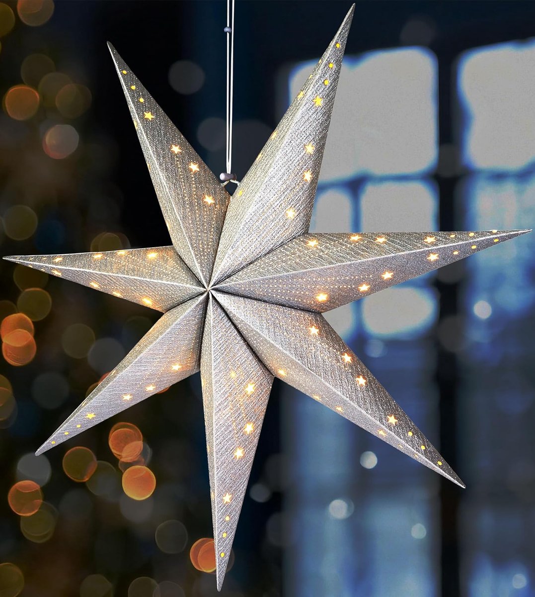 Brubaker Hangende Kerstster met E14-Voet - 60 cm Papieren Sterrenset met 3,5 m Kabel - 3D Adventsster - Raamdecoratie Lichte Ster Ophangen - Zilver Zilver ster + patroon fijn