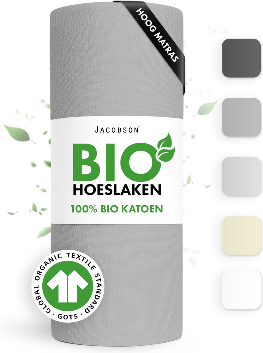Jacobson Hoeslaken – 100% Biologisch Katoen – 140x220 cm – tot 40cm matrasdikte– 160 g/m² – Grijs