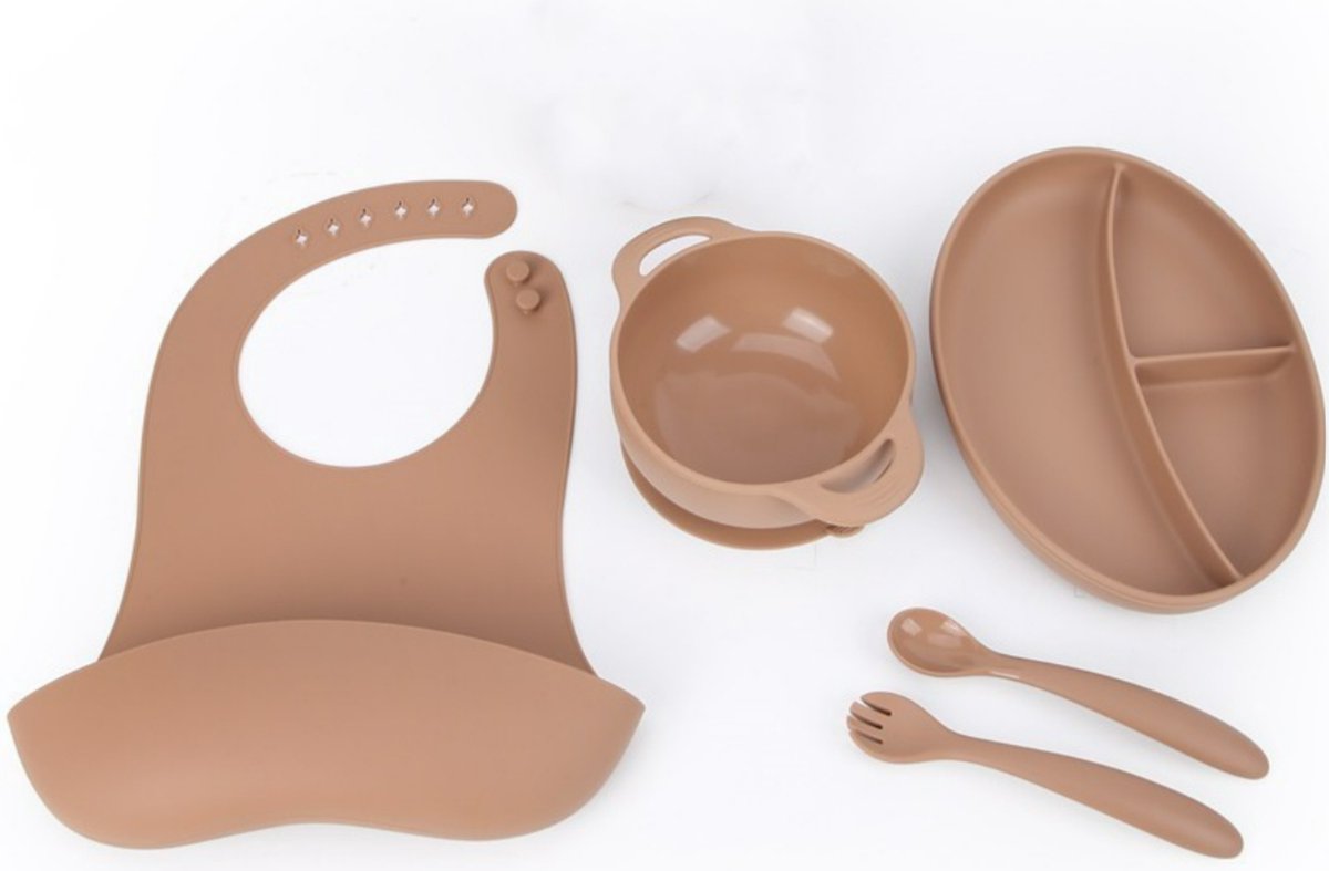 Goedkoopste Kinderservies- Beige/Bruin- Siliconen- Kinderbord- Kinderbestek- Slabbetjes- Baby bestek- Siliconen- Kindvriendelijk- Peuter bestek