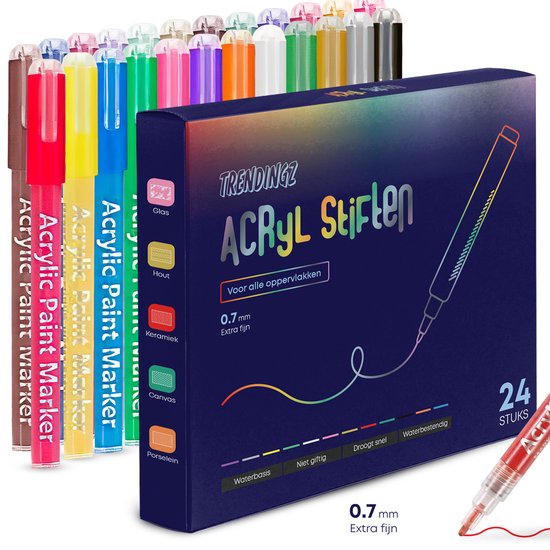 TrenDingz® Premium Acryl Verf Stiften - 24 Stuks Kleuren - Happy Stones Stenen Schilderen - 0,7 mm tip - Acrylverf Tekenset Acrylstiften - Kinderen & Volwassenen