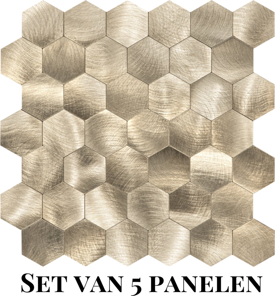 Wallways Wandpanelen - Plaktegels - Set van 5 Tegels - Tegelsticker - Zelfklevende Tegels - 4MM dik - Aluminium toplaag - Waterdicht - Krasbestendig - Hittebestendig - 3M Kleeflaag - Hexagon Goud