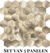 Wallways Wandpanelen - Plaktegels - Set van 5 Tegels - Tegelsticker - Zelfklevende Tegels - 4MM dik - Aluminium toplaag - Waterdicht - Krasbestendig - Hittebestendig - 3M Kleeflaag - Hexagon Goud