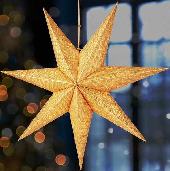 BRUBAKER 60 cm Kerstster voor Binnen - Adventster met E14 Voet om op te Hangen - Raamverlichting Ster om op te Hangen - Kerstster Set met 3,5 m Kabel - 3D Papieren Ster Decoratie - Goud