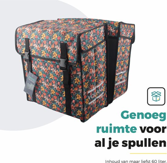 Voltano Dubbele Fietstas XXL - Floral Fiestas - Zwart Met Kleurrijke Bloemen - 60 Liter - Waterdicht - Universele bevestiging - Grote Fietstassen Elektrische Fietsen