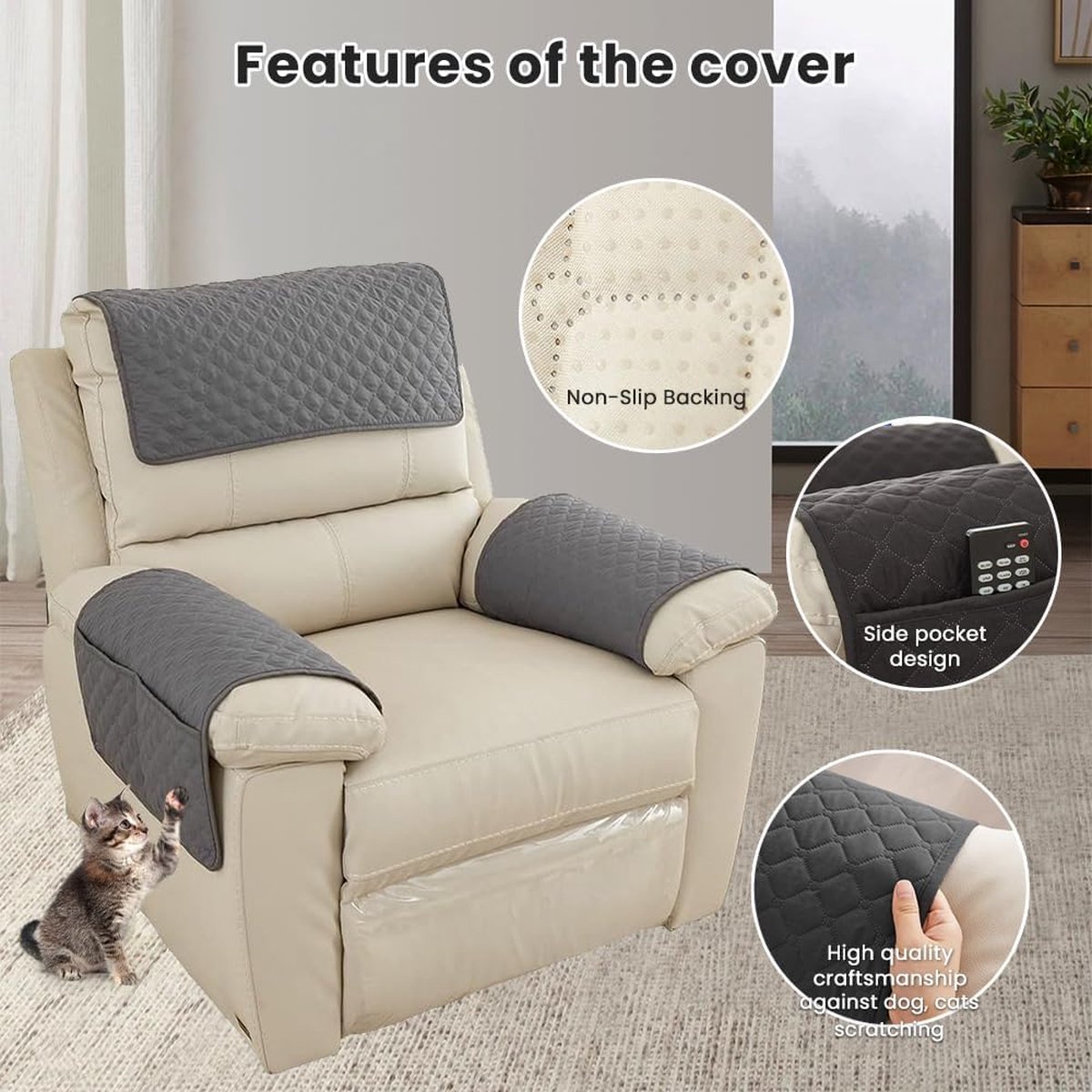 Textilhome – Fauteuilhoes 1-zits LUKA, Beschermhoes voor Relaxstoel & Oorfauteuil, Gewatteerde Stoelhoes 55 cm – Omkeerbare, Huisdiervriendelijk & Slijtvast – Kleur Lichtgrijs