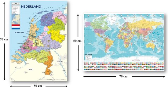 Wereldkaart en Nederland kaart poster - Set van twee posters - Landkaarten - Formaat 50 x 70 cm