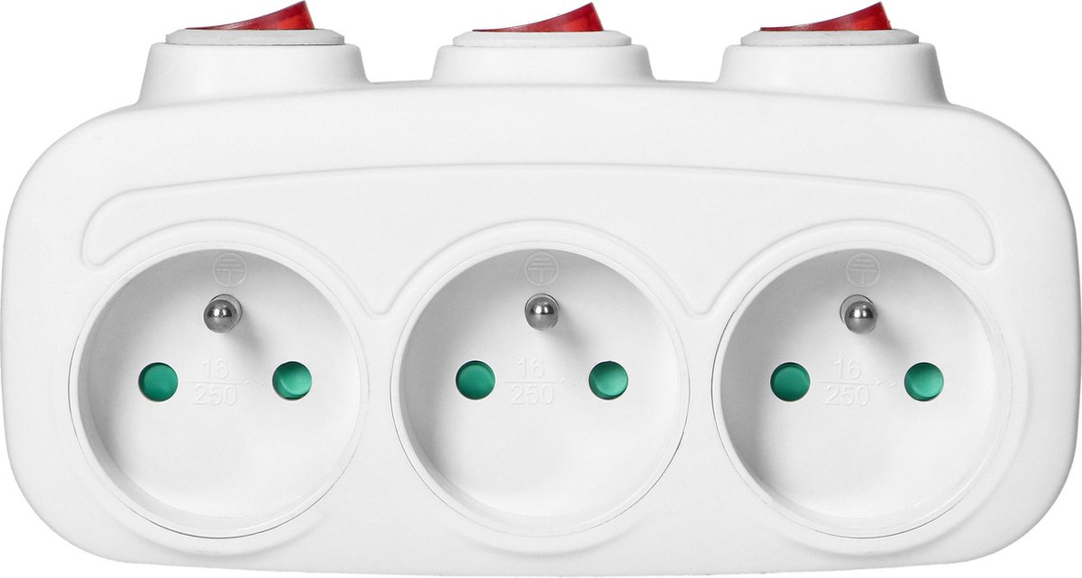 Bureau stekkerdoos met schakelaar - Verdeelstekker horizontaal 3-voudig - Stopcontact splitter - Verdeeldoos zonder snoer-Max 3680 watt - 16A - Wit -Frans type