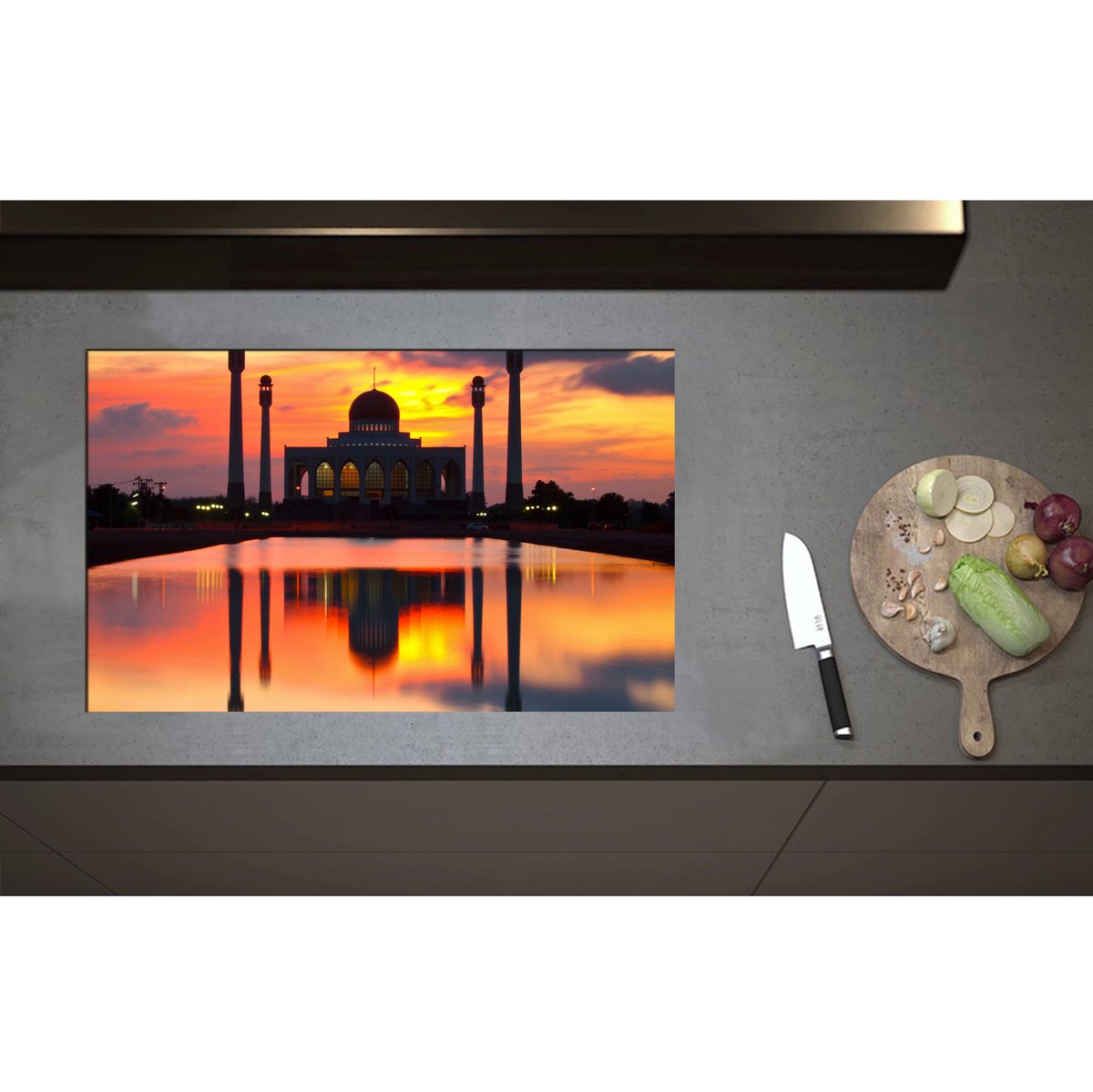 Inductieplaat Beschermer - Central Mosque of Songklha in Thailand bij Avondzon - 80x50 cm - 2 mm Dik - Inductie Beschermer - Bescherming Inductiekookplaat - Kookplaat Beschermer van Zwart Vinyl