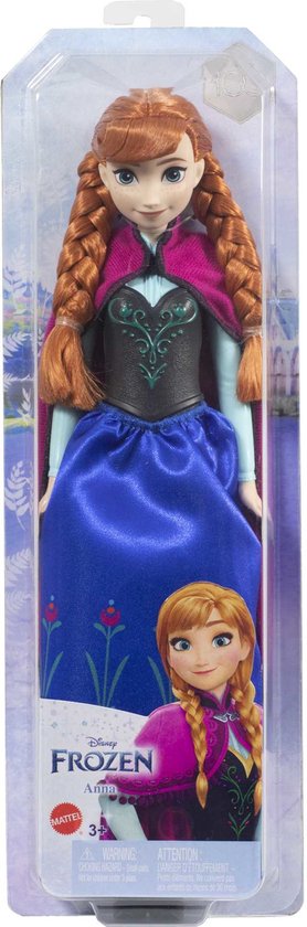 Pop Anna van Disney Frozen in verpakking, met rood haar, blauwe jurk en paarse cape.