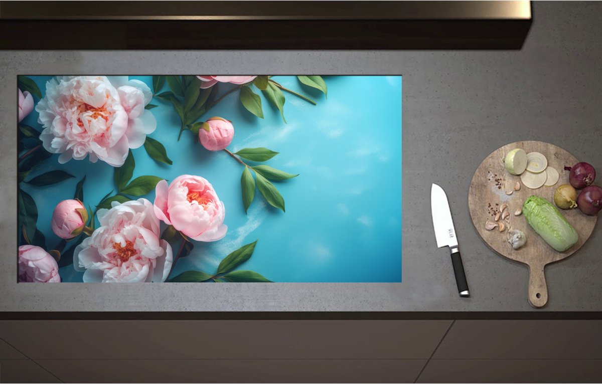 Inductieplaat Beschermer - Chinese Pioen Bloemen op Blauwe Achtergrond - 95x52 cm - 2 mm Dik - Inductie Beschermer - Bescherming Inductiekookplaat - Kookplaat Beschermer van Zwart Vinyl