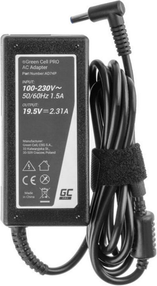GREEN CELL AC adapter PRO 19.5V 2.31A 45W voor HP 250 G2, G3, G4, G5, 255 G2, G3, G4, G5, HP ProBook 450, G3, G4, 650 G2, G3,