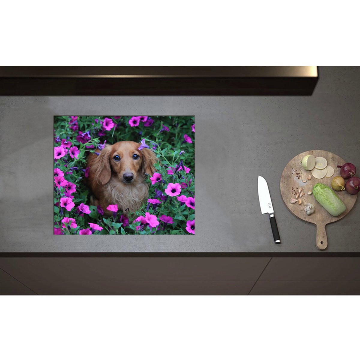 Inductieplaat Beschermer - Bruine Teckel tussen de Paarse Bloemen - 59x50 cm - 2 mm Dik - Inductie Beschermer - Bescherming Inductiekookplaat - Kookplaat Beschermer van Zwart Vinyl