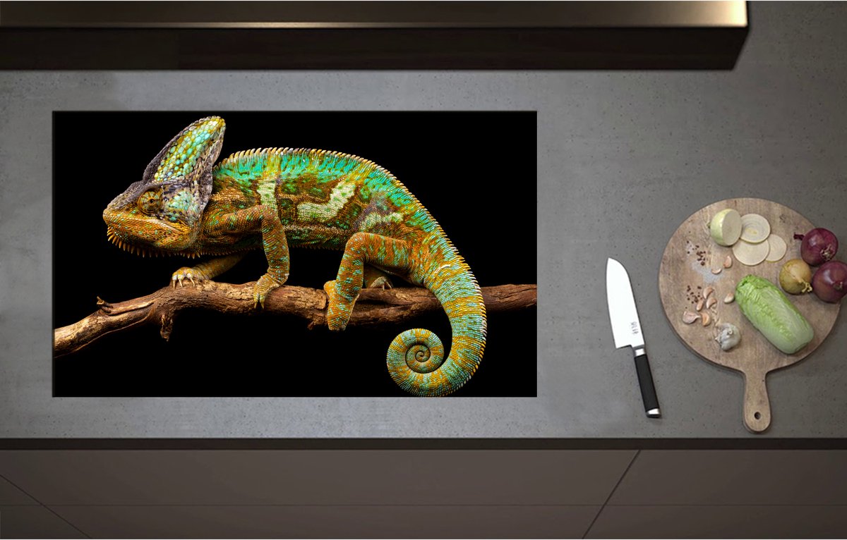 Inductieplaat Beschermer - Bruin groene kameleon staat op tak - 85x51 cm - 2 mm Dik - Inductie Beschermer - Bescherming Inductiekookplaat - Kookplaat Beschermer van Wit Vinyl