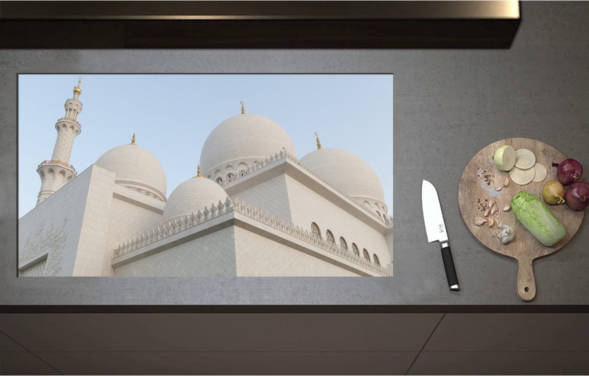 Inductieplaat Beschermer - Bovenkant van Witte Sjeik Zayed Moskee, Abu Dhabi, Verenigde Arabische Emiraten - 95x52 cm - 2 mm Dik - Inductie Beschermer - Bescherming Inductiekookplaat - Kookplaat Beschermer van Zwart Vinyl