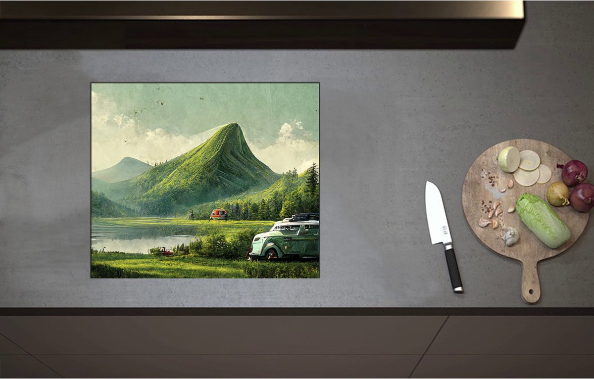 Inductieplaat Beschermer - Bus in Groen Landschap - 58x50 cm - 2 mm Dik - Inductie Beschermer - Bescherming Inductiekookplaat - Kookplaat Beschermer van Wit Vinyl