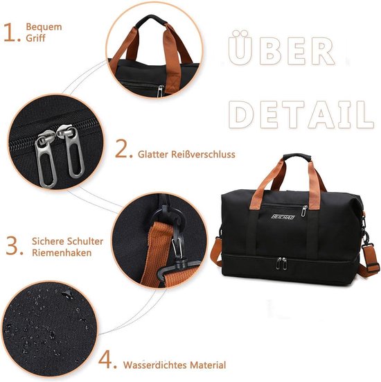 Fresion Sporttas zwart voor dames en heren - kleine reistas met schoenenvak - weekendtas met nat vak - handbagagetas voor vliegtuig - fitness tas voor heren - trainingstas - gym duffle bag van Fresion — afbeelding 4