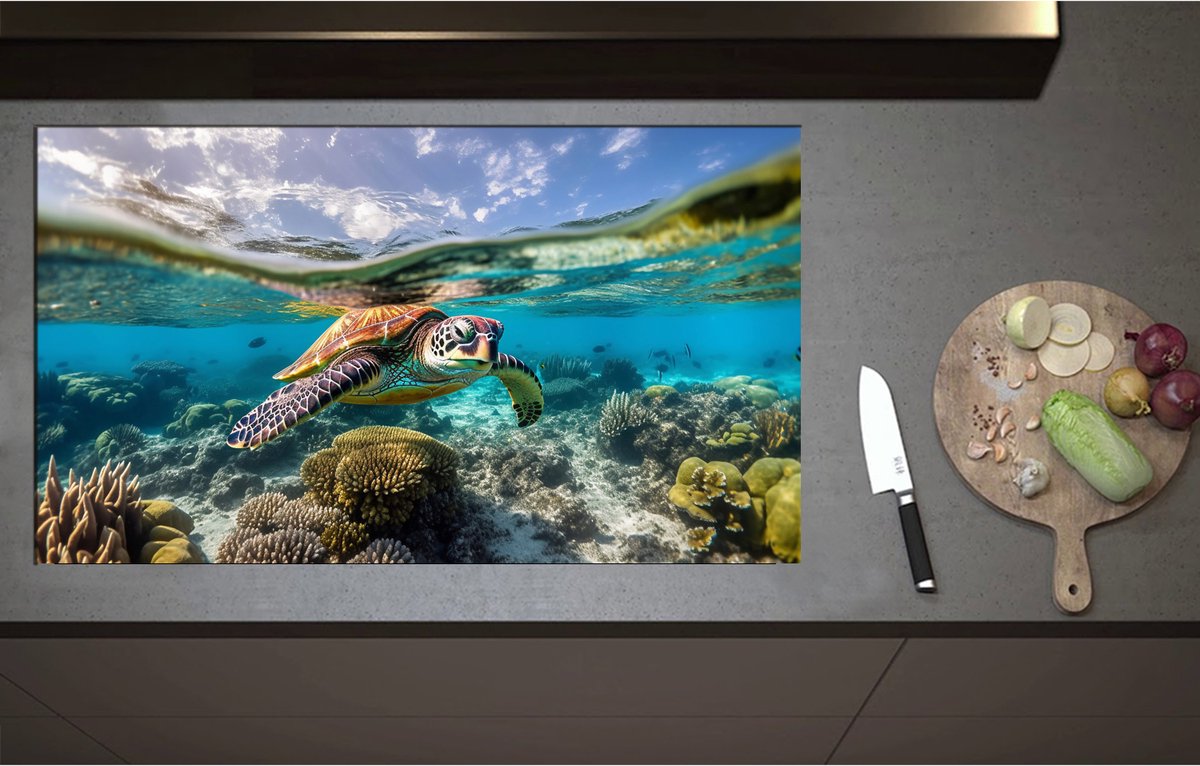 Inductieplaat Beschermer - Bruine schildpad zwemt door de zee met koraal - 95x55 cm - 2 mm Dik - Inductie Beschermer - Bescherming Inductiekookplaat - Kookplaat Beschermer van Zwart Vinyl