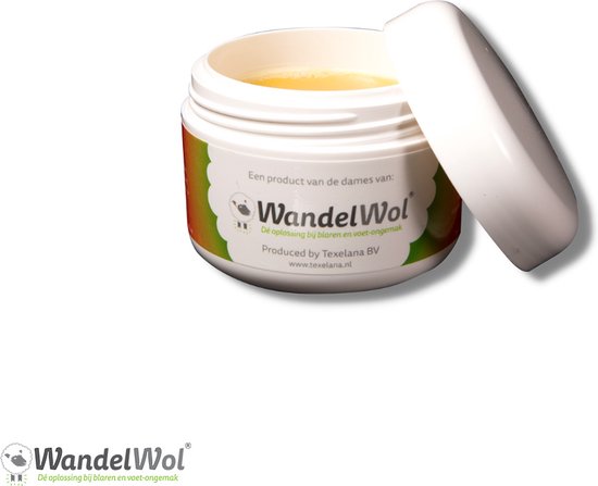 WandelWol pot met gele crème en witte deksel. "WandelWol" logo met schaapje en lammetje.
