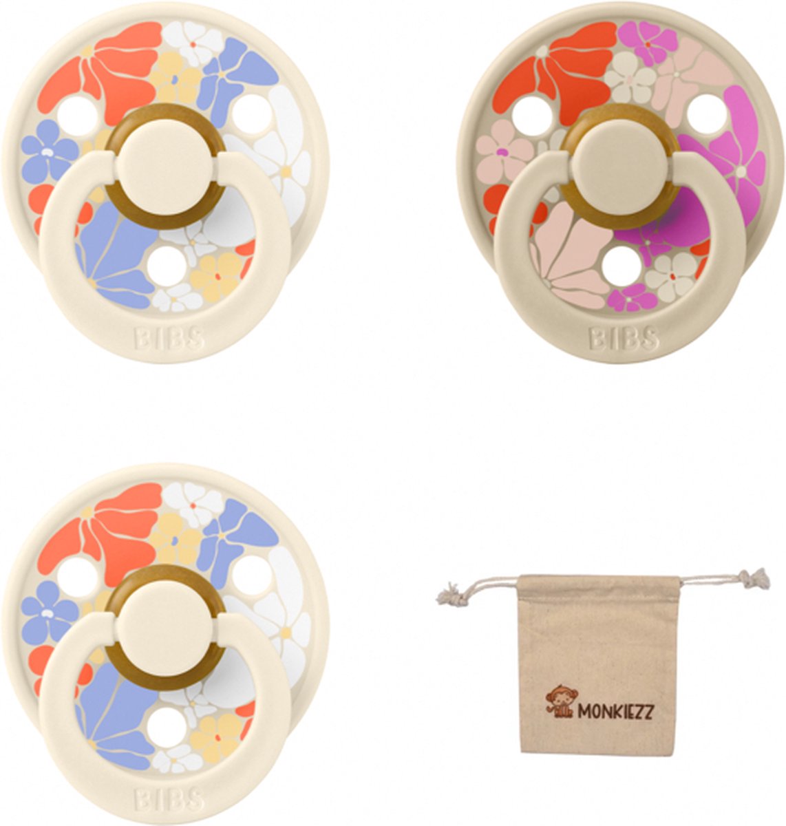 Goedkoopste Bibs studio fopspenen maat 1 (0-6 maanden) Set 3 fopspenen speenzakje - 2x Flower child ivory, 1x Flower child vanilla